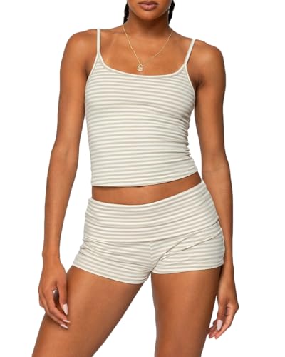 RUEWEY Women Y2k Pajama Set Striped Sleeveless Crop Cami Top Lounge Shorts PJS 2 Piece Matching Sleepwear (Yellow S)
