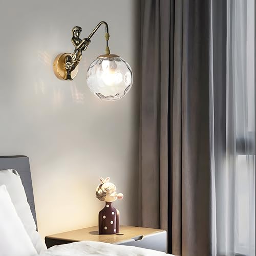 Image of Bofea-Vintage Mermaid Wall Lamp,1-Lights Gold Wall Sconce with Hand-Hammered Clear Glass Shade,Gold Bathroom Vanity Lights,Art Decor Resin Wall Light for Bathroom Living Room Hallway.