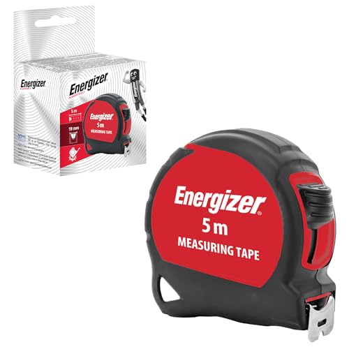 Energizer - Mètre Ruban 5 Mètres Système métrique - Noir et Rouge - Bi Matière Tylon - Boitier Ergonomique - Ruban en Acier Laqué avec crochet 19mm - Blocage Du Ruban - Retour Automatique