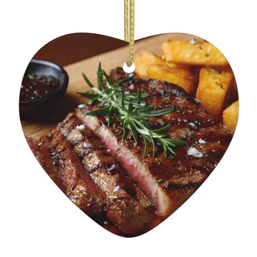 YTUOPWE Delicioso filete. Colgante de cerámica de Navidad con cuerda de alambre dorado para colgar fácilmente