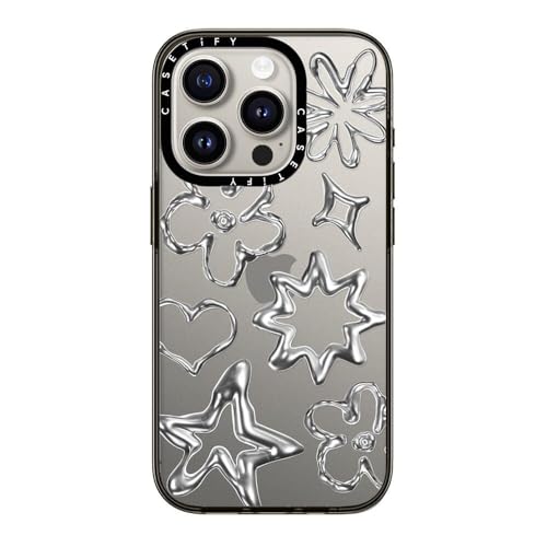 Coque iPhone 15 Pro CASETiFY compacte et transparente motifs Doodles chromés noir