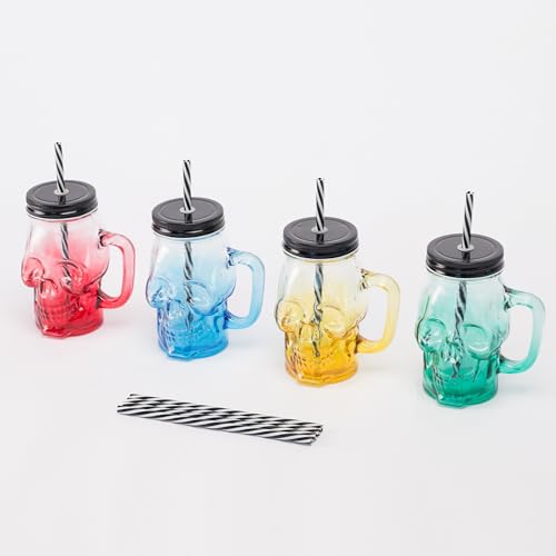 Relaxdays Bicchieri con Coperchio e Cannuccia, Set da 4, 500 ml, Teschio, Tappo a Vite, Manico