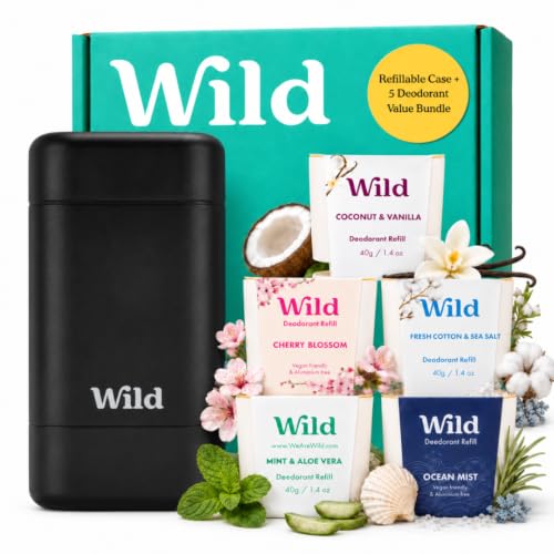 Image of Wild Aluminum Free Natural Deodorant Ultimate Starter Kit - Black Case - Natural Ingredients & 24 Hour Odor Protection - Women & Men's - Variety of Scents - Case + 5 Refills
