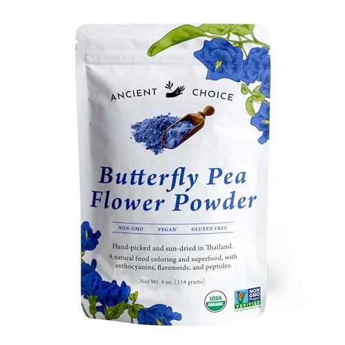 Ancient Choice - Butterfly Pea Flower Powder (4 ounce) | Blue Matcha Tea | Ceremonial (Highest) Grade | Adaptogenic Raw Culinary | Natural Food Coloring | Thai Non-GMO | Vegan