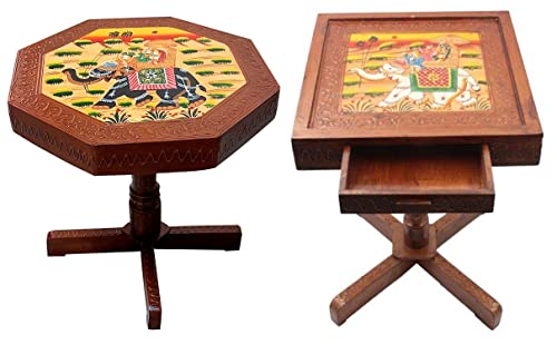 Image of SAARTHI Rajasthani Dhola Maru Handmade Wooden Ethinic Antique Designer Dhola Maru Folding Table and Drawer Table for Home| Decor| Office| Garden| Outdoor| Indoor| Balcony| Launge| Lawn| Cafe| Bar| Living Room| Bedroom Room| Childern Room Decor| Outdoor Sitting , Multicolour (1 Drawer Table + 1 15 Inch Elephant Table)
