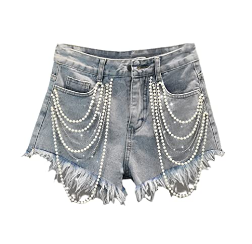 Short d'été en jean pour femme denim bleu clair à franges