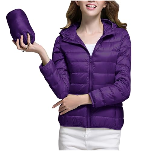Mrat Chaqueta de plumón para mujer, ligera, acolchada, plegable, de plumas, informal, holgada, acolchada, de color sólido, chaqueta de burbujas, abrigos cálidos para invierno, Morado (, M
