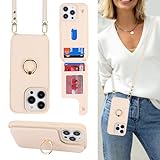 Lipvina for iPhone 14 Pro Case with Card Holder for Women,Phone Case with Strap,Crossbody Lanyard,RFID Blocking,Ring Stand,Snap Clasp,Cute Wallet Cases 6.1 inch (Beige)