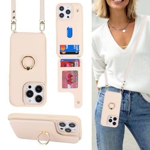 Image of for iPhone 14 Pro Case with Card Holder for Women,iPhone 14 Pro Phone Case with Strap,Crossbody Lanyard,Ring Stand,Snap Clasp,Cute Wallet Cases 6.1 inch (Beige)