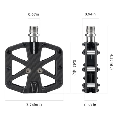 ROCKBROS Mountain Bike Pedals Carbon Fiber 3 Bearing Lightweight Road Bicycle Pedals Non-Slip 9/16" Wide Flat Pedals