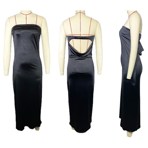 Image of Womens Strapless Satin Maxi Dress Backless Tube Dress | Strapless satin maxi dress with elastic back folded bust backless cut smooth drape and slim tube fit for events