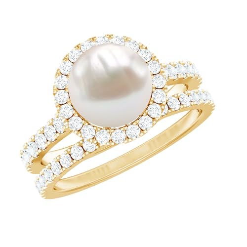 Real Pearl Halo Wedding Ring Set, 8 MM Freshwater Pearl, Bridal Set with Matching Band