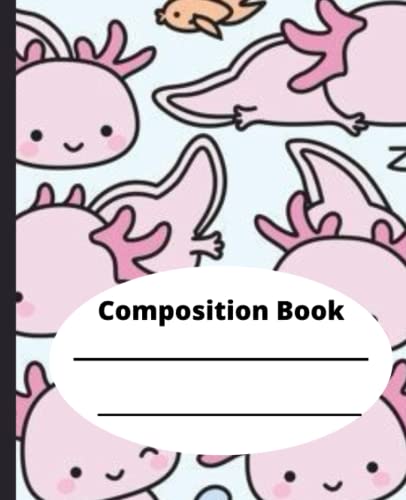 Primary Composition Notebook: Cute pink axolotl acquatic pattern wide ruled