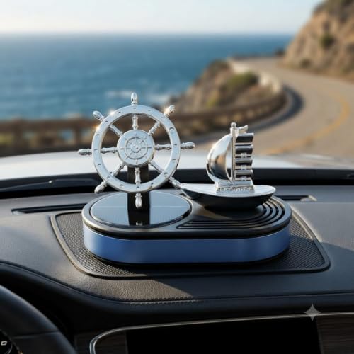 Image of Premium Solar Powered Rotating Ship Wheel Car Air Freshener | Solar Panel Powers The Automatic Rotation Of The Ship And Steering Wheel Under Sunlight. No Batteries Or Charging Required.