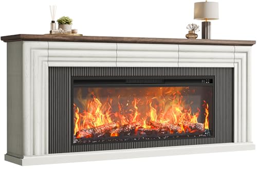 PRAISUN 70'' Fireplace TV Stand with 42'' Electric Fireplace, Farmhouse TV Stand for 65 75 Inch TV, Entertainment Center TV Console with 3 Drawers, Fluted Design, for Living Room, Distressed White