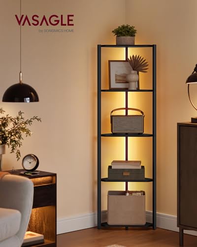 VASAGLE Eckregal mit 5 Ebenen, Bücherregal mit Einstellbarer LED-Beleuchtung, Regal mit Stahlrahmen, 24,8 x 48 x 146,6 cm, für Wohnzimmer, Schlafzimmer, Arbeitszimmer, ebenholzschwarz LBC590B02