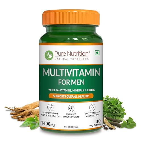 Pure Nutrition Multivitamin for Men (1400mg), 30 Veg Tablets, with Biotin, Iron, Alfa Alfa, Moringa, Ginseng, Fenugreek & Green Tea | Supports Immunity, Energy, Stamina, Bone & Overall Health