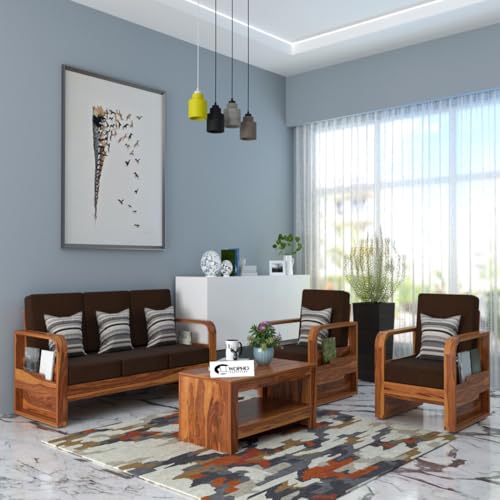 Image of Solid Sheesham Wooden 5 Seater Sofa Set for Living Room | Sofa Set with Side Pocket Storage & Cushion | Rosewood Sofa Set for Home (Honey with Brown Cushion, 5 Seater)