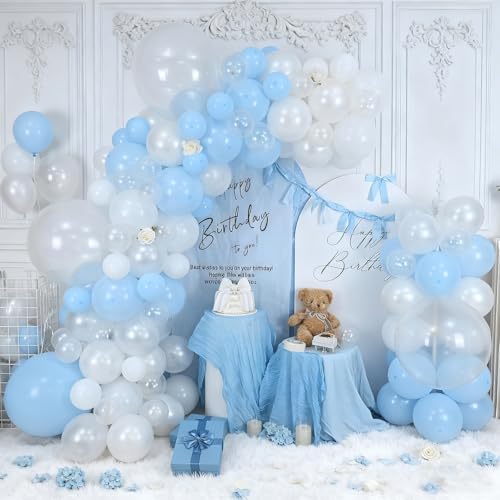 Image of Pastel Blue White Balloons Garland Arch Kit, 104PCS Double Stuffed Pearl White Balloons, Light Baby Blue Clear Balloon for Bridal Shower Baby Birthday Bachelorette Wedding Engagement Party Decorations