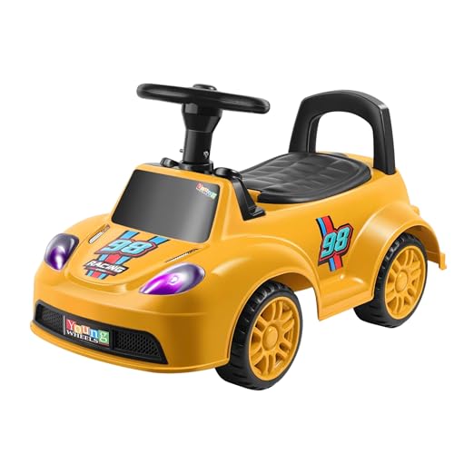 Image of Kids Ride On Yellow Car for Toddlers with Steering Wheel & Backrest | Foot to Floor Baby Push Car | Indoor Outdoor | Strong Wheels & Comfortable Seat | Racing Design for Boys & Girls (1-3 Years)