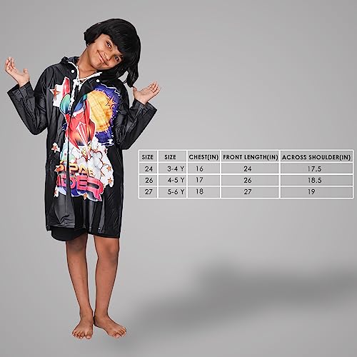 Image of THE CLOWNFISH Toon Caper Series Kids Waterproof PVC Longcoat with Adjustable Hood & Extra Space for Backpack /Schoolbag Holding. Printed Plastic Pouch. Kid Age-5-6 years (Jet Black)