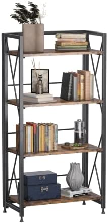 Borzer Folding Bookshelf 4 Tiers No Assembly Bookcase Industrial Storage Shelves Black