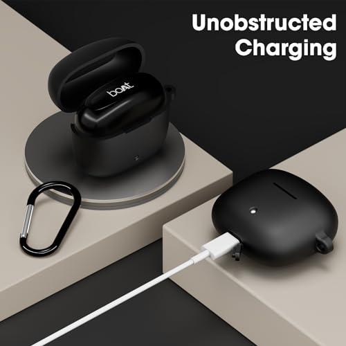 Image of Sounce Earphone Case Cover Compatible for Boat Airdopes 200 Plus, Soft Silicone Skin Case Cover Shock-Absorbing Protective Case with Keychain - Black