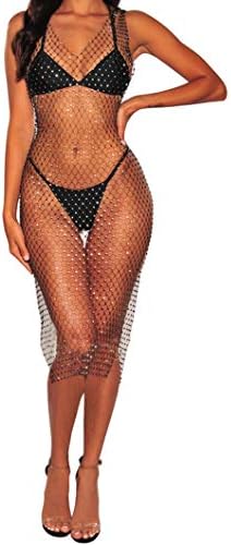 FlyCC Women Sexy See Through Mesh Beach Bikni Swimsuit Sleeveless Cover up Rhinestone Midi Dress Black