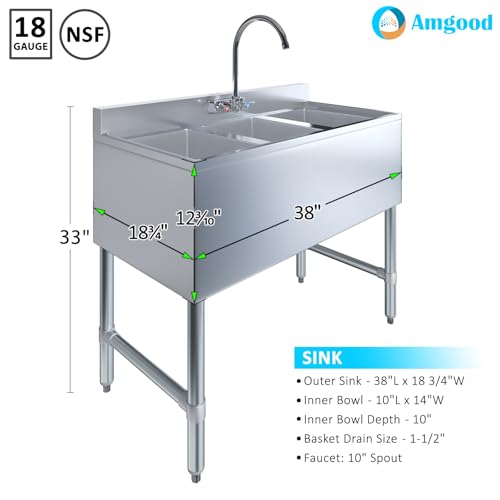 Image of AmGood 3 Compartment Under Bar Sink With Faucet - 38 inch X 18 3 /4 inch. NSF. Commercial Three Bowl Under Bar Sink
