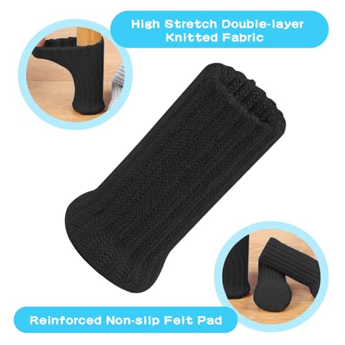 24 Stück Stuhlsocken, NETUME Hochelastisch Gestrickte Möbelsocken/Filz Stuhlbeinkappen with Filzgleiter, Antirutsch Pads Stuhlbeinschoner Ideal Bodenschoner für Möbel Stuhlbein Tisch (Schwarz)