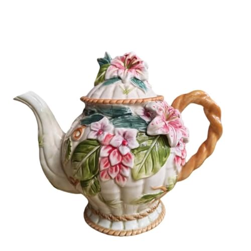 PEHOST Ceramic Teapot with 3D Hand-Painted Pink Magnolia Flowers and Bird, White Decorative Tea Pot, 28.7 Oz Capacity, 8 Inch