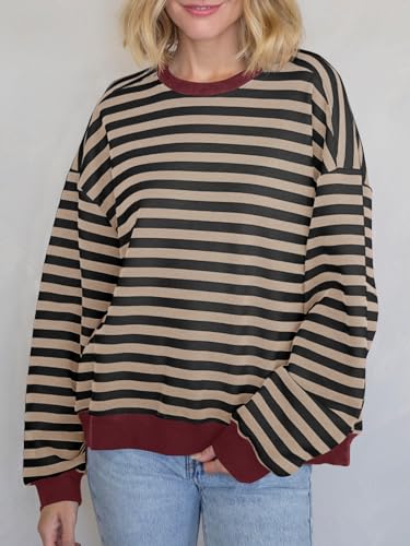 Tankaneo Womens Oversized Color Block Sweatshirts Striped Crew Neck Fall Tops Loose Fit Long Sleeve Pullover Shirts2