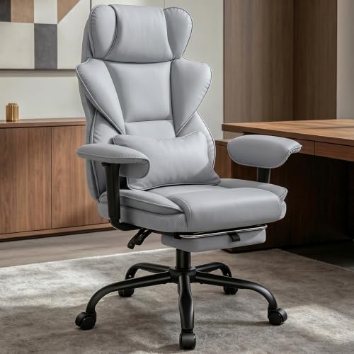 Image of Office Desk Chair, Big and Tall Gaming Chair with Foot Rest, Ergonomic High Back Computer Chair with Soft Adjustable Armrests, Lumbar Support Pillow, Executive Leather Chair (PU, Grey)