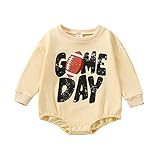 Twopumpkin Baby Outfit Girl Boy Football Bubble Sweatshirt Romper Crewneck Sweater Infant Toddler Fall Clothes 6-12 Months G Game Day Beige
