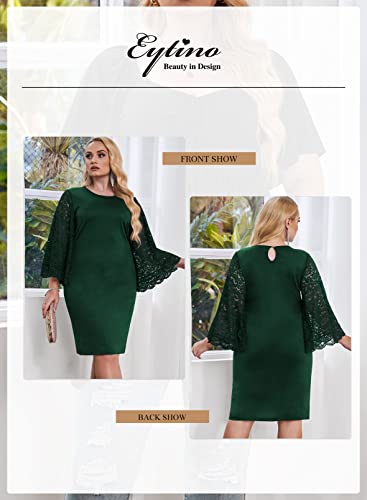 Eytino Women Plus Size Crew Neck Lace Bell Sleeve Mini Bodycon Business Pencil Dresses,2X Green #TOP3