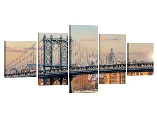 LSIUHWUWI Wall Art for Living Room Manhattan City Skyline Wall Decor Manhattan Bridge Canvas Wall Art 5 Pieces Manhattan Wall Painting Artwork for Home Walls Framed Ready to Hang 32X60 INCH
