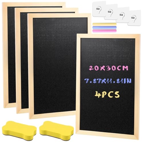 DONQL 4 Unidades Pizarra Pequeña Tiza, 20 × 30 cm Pizarra Negra Tiza Pequeña con Tizas, Borradores y Ganchos, para Garabatear, Escribir, Aprender y para Fiestas