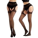 Viyongan Suspender Tights for Women Sheer Open Crotch Pantyhose High Waist Garter Belt Tights 2 Pairs(Black)