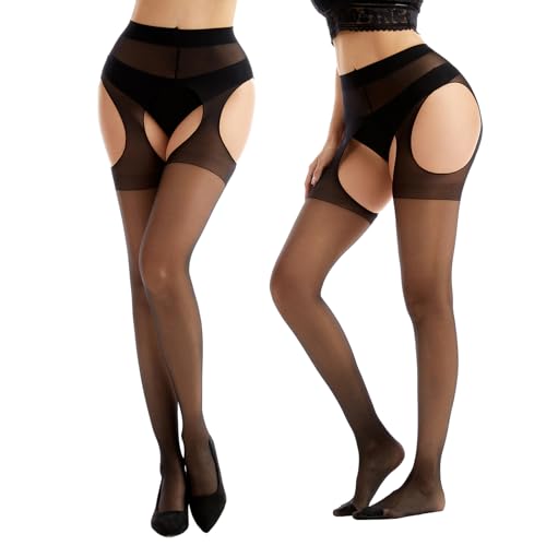 Suspender Tights for Women Sheer Open Crotch Pantyhose High Waist Garter Belt Tights 2 Pairs