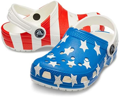 red white and blue kids crocs