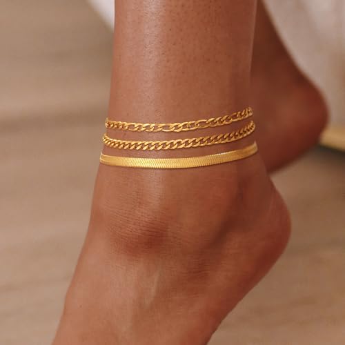 Image of Gold Anklets for Women Waterproof 14k Gold Plated Cuban Link Anklets Non Tarnish Rope Herringbone Ankle Chain Summer Beach Jewelry Gifts for Women