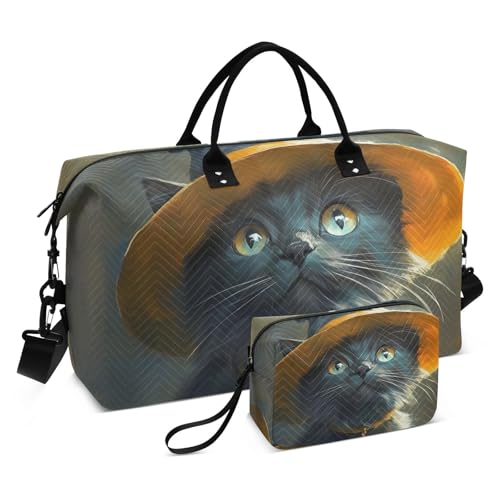 Halloween Cat Black Witch Large Travel Duffel Bag, Sports Tote Gym Bag, Shoulder Weekender Overnight Bag for Women Men, Carry On Luggage with Toiletry Bags