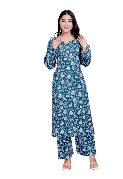 Image of NIKLAV Blue Floral Printed Cotton Kurta Set for Women Featuring Long Straight Kurti with Palazzo, Lightweight Breathable Fabric, V Neckline, Full Sleeves, and Soft Stitch Detailing