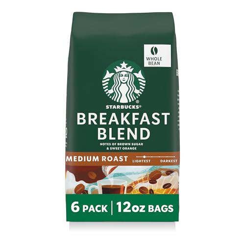 Starbucks Whole Coffee Beans, Medium Roast Hot or Iced Coffee, Breakfast Blend, Six 12 oz Bags​