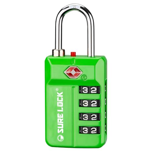 SURE LOCK TSA Approved 4-Digit Resettable Combination Luggage Lock with Open Alert, Easy-Read Dials - for Luggage, School Lockers, Gym, Office, Toolbox & Security Cases(Green 1 Pack)