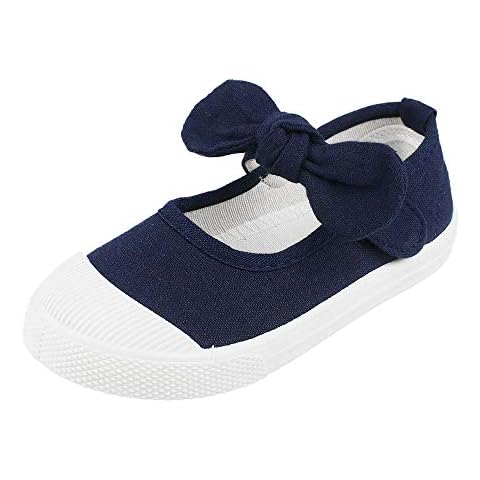 LACOFIA Girls School Canvas Sneakers Bowknot Flats Mary Jane Shoes for Toddler/Little Kid,Navyblue,9 UK Child (CN 27) Cover