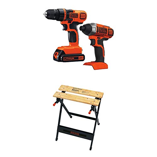 BLACK+DECKER 20V MAX Cordless Drill Combo Kit, 2-Tool with Workmate Portable Workbench, 350-Pound Capacity (BD2KITCDDI & WM125)