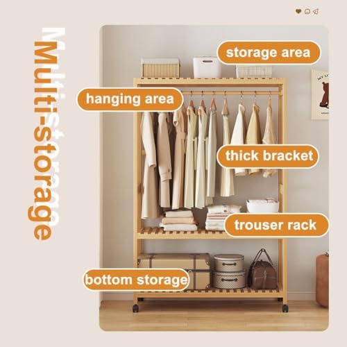 Free Standing Wooden Clothes Rack with Shelves - Bamboo Wardrobe on Wheels, Open Wardrobe for Bedroom, Garment Rack with Storage Shelf - Stylish & Functional