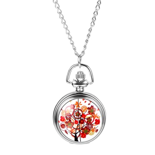Image of Avaner Flower Printing Pocket Watches: Colorful Flower Analog Quartz Silver Pocket Watches with Chain for Men and Women