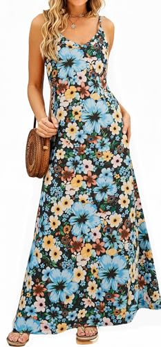 Image of Supnier Women's Summer Maxi Dress Casual V-Neck Sleeveless Bohemian Spaghetti Strap Floral Long Maxi Dress with Pockets
